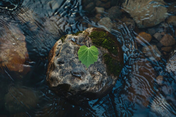 Wall Mural - A top down view of a green leaf on a rock in a river 