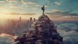 © SHOTPRIME STUDIO - A man gaining knowledge with a view of urban wanderlust, standing tall on a stack of books in the cityscape