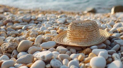 Wall Mural - Straw Hat on Sandy Beach with Close Up of Seashore Pebbles in Natural Setting