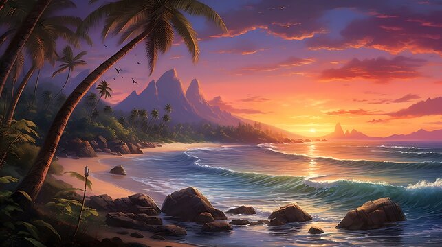 Tropical landscape with beach with coconut trees at sunset