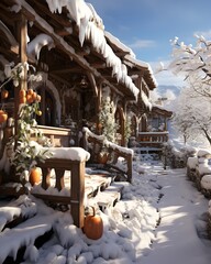 Wall Mural - Winter in the village. Winter landscape. Snow-covered houses.
