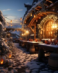 Wall Mural - Winter restaurant in the mountains. Winter evening in the mountains. Christmas decoration.