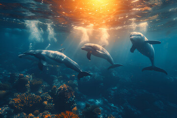 Wall Mural - Three dolphins dive and swim in clear water over corals, illuminated by warm sun rays. Marine and dolphins life concept. World whale and dolphin day, world oceans day