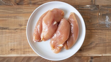 Wall Mural - Chicken marinating on a white plate against a wooden backdrop