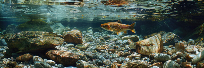 Wall Mural - A brown trout swimming in the water of an underwater stream, surrounded by rocks and pebbles