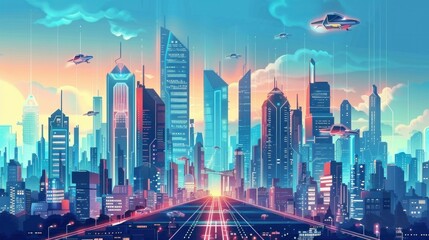 Wall Mural - Futuristic cityscape with skyscrapers and space ships flying overhead in a stunning travel destination concept