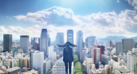  日本の街・都市・朝日を受けたオフィスビル群を前に佇み風を受けて髪をなびかせる会社員の女性の出勤　ビジネス・はじまり・決意・目標・挑戦のイメージ