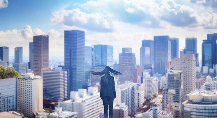  日本の街・都市・朝日を受けたオフィスビル群を前に佇み風を受けて髪をなびかせる会社員の女性の出勤　ビジネス・はじまり・決意・目標・挑戦のイメージ