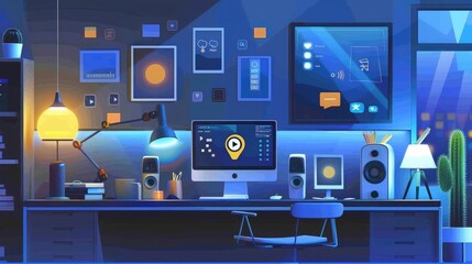 Wall Mural - Depict a modern home office with smart devices like a voice assistant, tablet, and computer. Surround the setup with icons and widgets representing reminders, to-do lists, and schedules, 