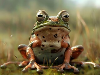 Wall Mural - Curious Spotted Frog Exploring its Natural Habitat in the Lush Greenery