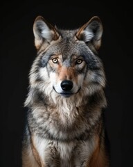  the Gray Wolf, portrait view, white copy space on right Isolated on black background