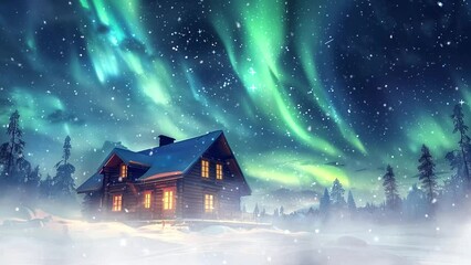 Wall Mural - beautiful night with lights of aurora borealis activity over wooden cabin. seamless looping overlay 4k virtual video animation background