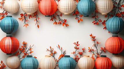 A festive background with colorful paper lanterns hanging from the top, leaving room for text below. - Event decoration background