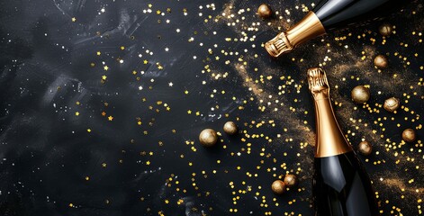new year background with golden confetti and champagne bottle on black, flat lay composition, top view, copy space concept for festive greeting card or party invitation design banner