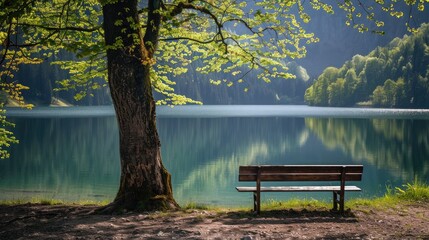 Wall Mural - Bench near a tree beside a lake during spring
