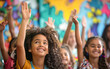 © Kowit - shot of the students raising their hands, focusing on the natural expressions of enthusiasm and competition to answer the question.