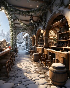 Restaurant in winter with snow and ice. 3d rendering