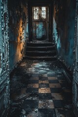 Closeup vertical shot of a decrepit corridor, broken windows, and collapsed ceiling in an old abandoned building