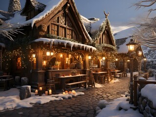 Wall Mural - Christmas village with wooden houses in the snow at night. High quality photo