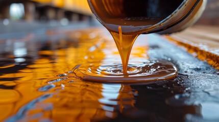 Closeup shot of epoxy resin being poured from a bucket onto a floor, capturing the smooth flow and glossy texture