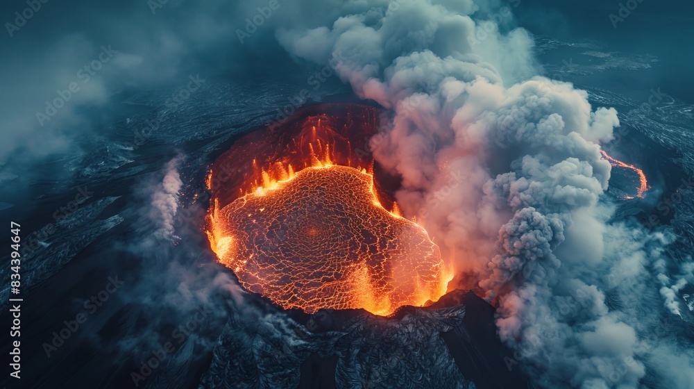 Drone view looking above a volcano, showing the active crater, spewing ...