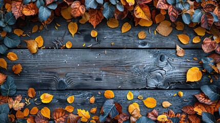 A rustic wooden backdrop with autumn leaves and space for a message. - Event decoration background
