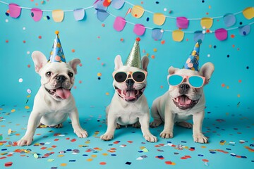 Wall Mural - funny happy puppy wearing party hats and sunglasses, celebrating on an isolated bright blue background with confetti and space for text
