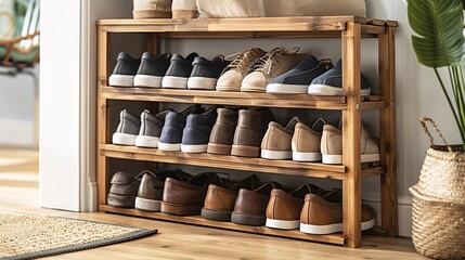 A stylish shoe rack with clean lines and a compact design, perfect for organizing footwear in small spaces.