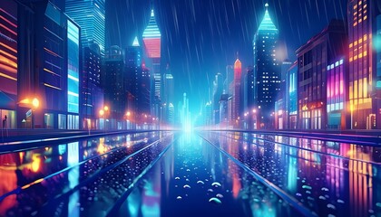 Wall Mural - A rainy cityscape where each raindrop is illuminated with neon colors and reflected in the wet streets.