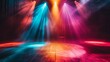 © saritwat - Lot of beautiful multi-colored laser beams in dark at disco. empty stage background.