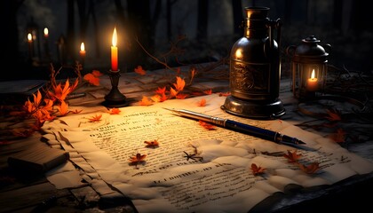 Wall Mural - Old books, lamp and candles in the dark. Halloween concept.