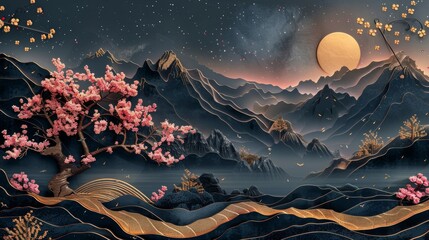 Pink gold night landscape mural in 3D, dark mountains under a starry sky, giant golden tree and elegant gold waves, with a majestic rose gold floral tree