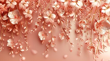 Royal rose gold floral tree, 3D abstraction, intricate leaves and flowers hanging from branches, delicate and elegant illustration