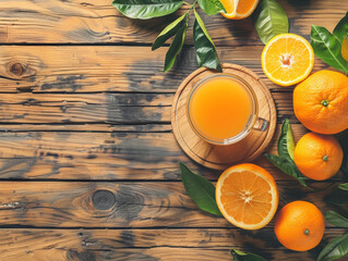 Wall Mural - fresh orange juice on wooden background - ai