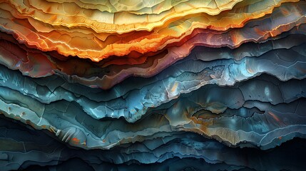 Wall Mural - An abstract portrayal of sedimentary rock layers, showcasing stratified colors and intricate patterns, rich earthy hues, detailed textures formed over centuries, high contrast.