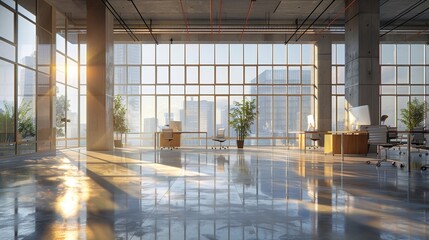 Office in bright light of the space area with windows, Generative AI 