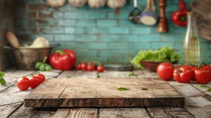 Wall Mural - Vintage Style Chopping Board and Vegetables in the Background