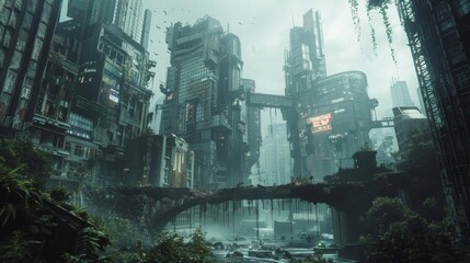 Dystopian cityscape with towering futuristic buildings and overgrown vegetation under a moody sky, representing an apocalyptic future.