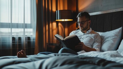 Wall Mural - Man reading book in hotel room