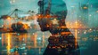 © admin_design - A double exposure of a man's profile and an urban cityscape at night, highlighting the connection between people and their environment.