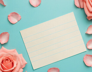 coral background with space for text and light pink rose petals, thread around a note sheet.