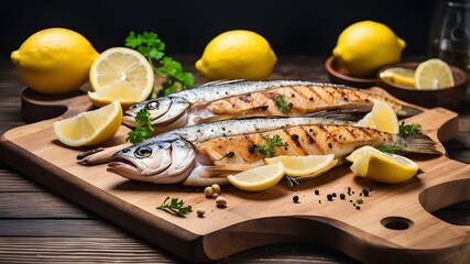 Wall Mural - Grilled fish with lemon slices on wooden board and table