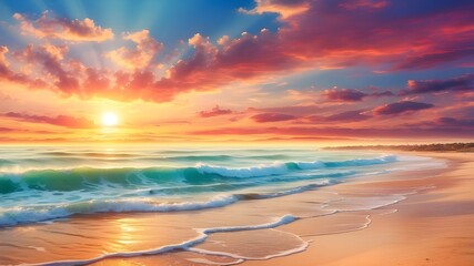 Canvas Print - Beautiful natural seascape with colorful sunset sky. Waves of sea surf and golden sand of beach in rays of sunlight.