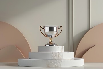 minimalist silver and golden, a cup trophy standing on solid metallic podium 