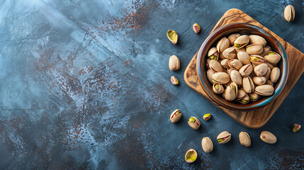 Top-view pistachios Fresh nuts in bowl on kitchen board