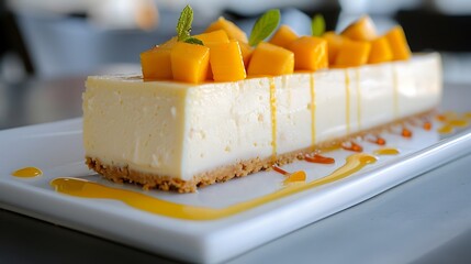 Wall Mural - Mango cheesecake on white plate