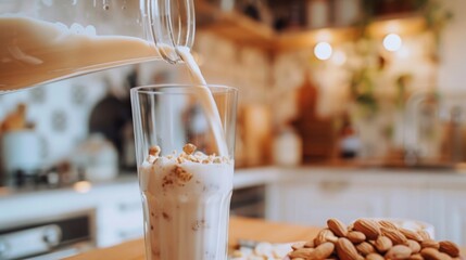 A glass of almond milk being poured from a carton, with a background of a cozy kitchen. --ar 16:9 --style raw Job ID: 790970fb-670d-4ae9-a036-244546012e28