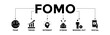 © Diyah - FOMO banner icons set. Vector graphic glyph style with icon of fear, trend, interest, stress, missing out, and social