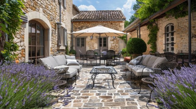 Transport viewers to a French provincial courtyard, with wrought iron furniture, lavender-lined pathways, and rustic stone accents. --ar 16:9 --style raw Job ID: f2980319-7e92-4a0a-9d27-b9a423981b21