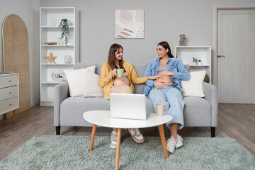 Wall Mural - Young pregnant woman with cup of tea touching her friend's tummy at home